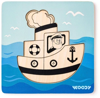 Woody DŘEVO Baby vkládací puzzle loďka skládačka 5 dílků na desce