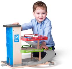 Woody DŘEVO Garáž 2 patra parkovací dům s výtahem set se 2 autíčky plast