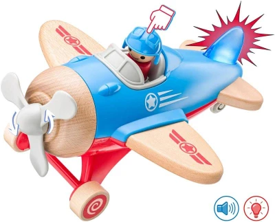 Woody DŘEVO Letadlo baby s pilotem na baterie Světlo Zvuk