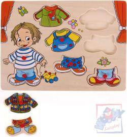 Woody DŘEVO Oblékání na desce puzzle Sebastian dřevěná vkládačka Woody DŘEVO Oblékání na desce puzzle Sebastian dřevěná vkládačka