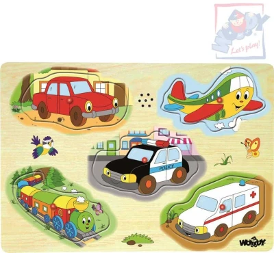Woody DŘEVO Puzzle muzikální dopravní prostředky zvukové set 5 dílků Woody DŘEVO Puzzle muzikální dopravní prostředky zvukové set 5 dílků