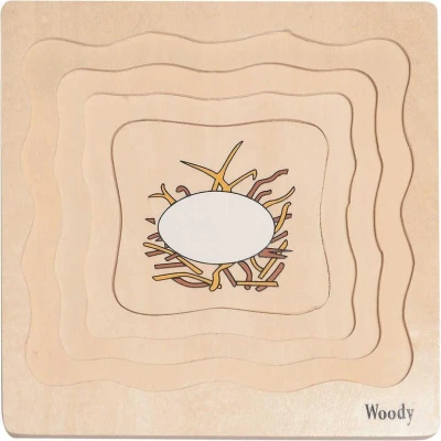Woody DŘEVO Puzzle naučné vývoj slepice 4 vrstvy 4 obrázky 4v1 na desce