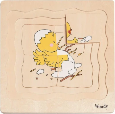 Woody DŘEVO Puzzle naučné vývoj slepice 4 vrstvy 4 obrázky 4v1 na desce