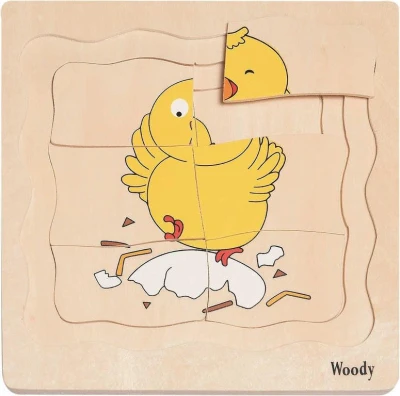 Woody DŘEVO Puzzle naučné vývoj slepice 4 vrstvy 4 obrázky 4v1 na desce