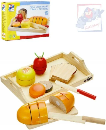Woody DŘEVO Tác se snídaní makety potravin na krájení set se 2 nožíky Woody DŘEVO Tác se snídaní makety potravin na krájení set se 2 nožíky