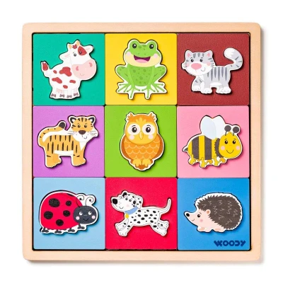Woody Puzzle se zvířátky, tvary - barva dřevěné Woody Puzzle se zvířátky, tvary - barva dřevěné