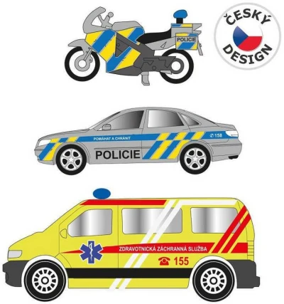 Záchranné složky set 2 auta s motocyklem CZ design na baterie Světlo Zvuk kov