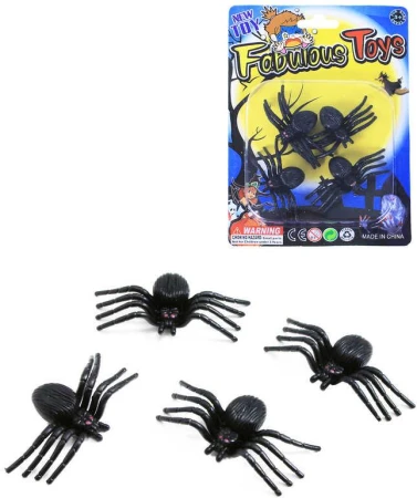 Zvířátko dekorace halloween pavouk černý 3cm set 4ks na kartě plast Zvířátko dekorace halloween pavouk černý 3cm set 4ks na kartě plast