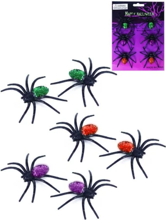 Zvířátko pavouk černý 7cm s barevnými třpytkami set 6ks Halloween Zvířátko pavouk černý 7cm s barevnými třpytkami set 6ks Halloween