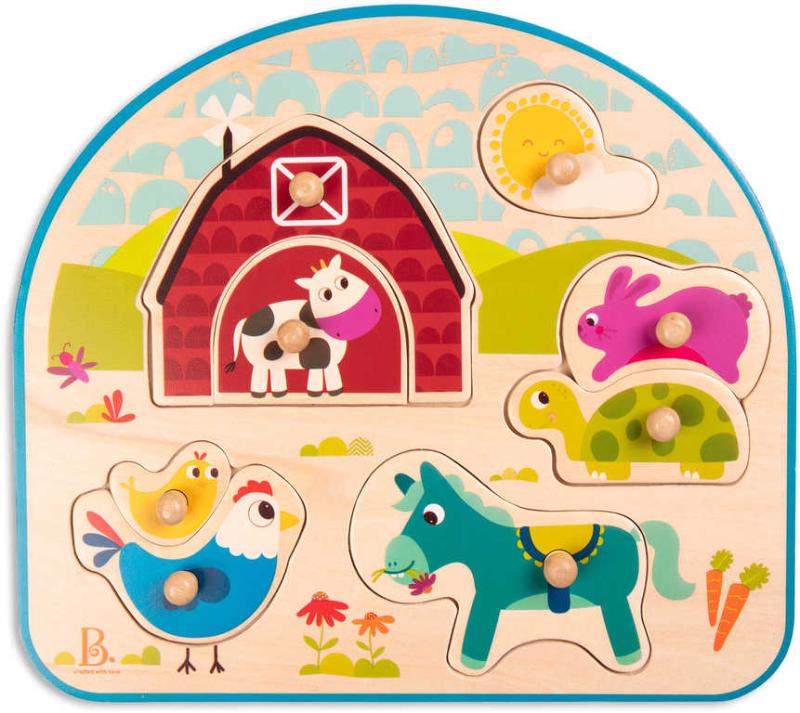 B-Toys DŘEVO Baby puzzle farma vkládací na desce 8 dílků (dřevěná hračka)