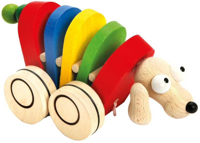 Bino DŘEVO Baby Pes tahací 19cm na kolečkách (dřevěná hračka)