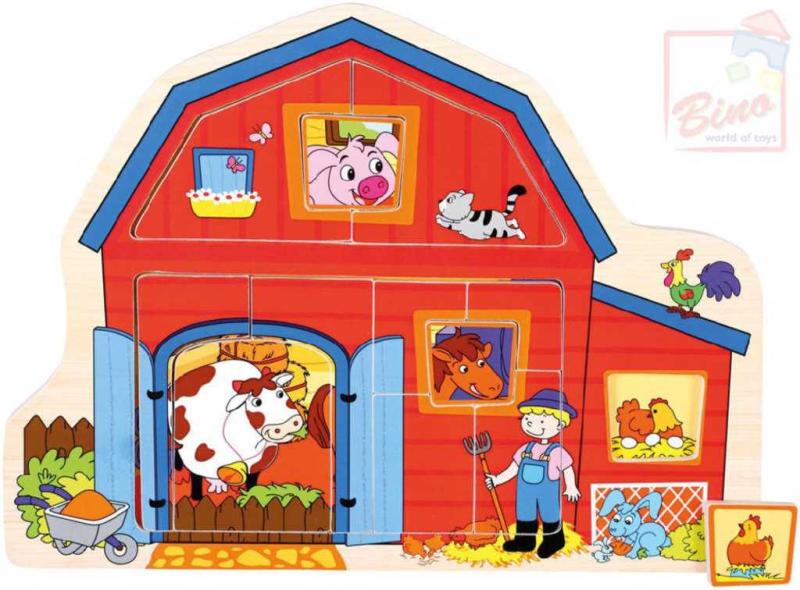 Bino DŘEVO Baby puzzle farma 13 dílků vkládačka domeček