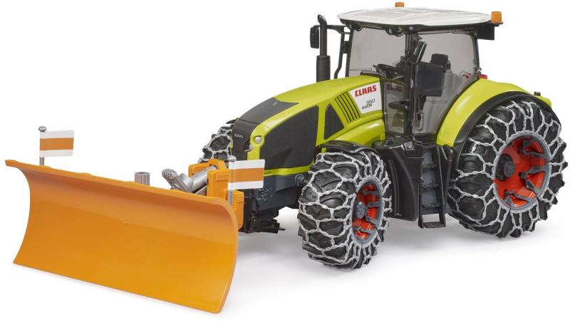 Bruder 03018 Traktor Claas Axion 950 se sněhovými řetězy a radlicí