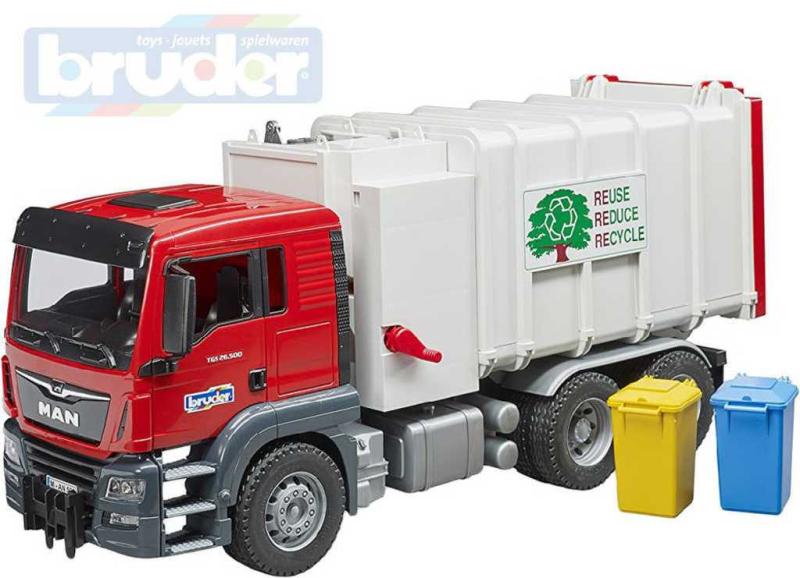Bruder 03761 Auto MAN TGS popeláři funkční model 1:16 set se 2 popelnicemi
