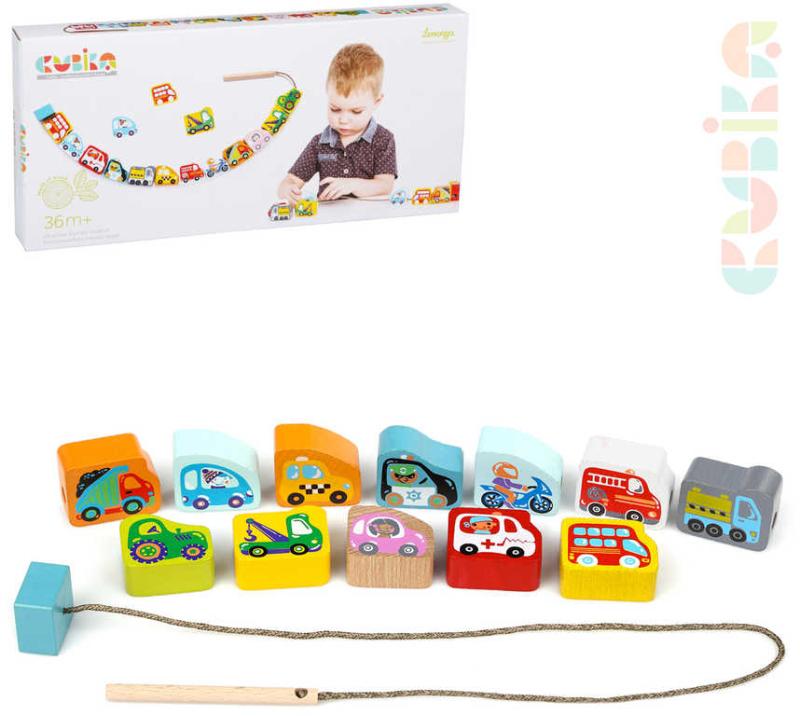 Cubika DŘEVO Baby Autíčka navlékací set 12 dílků provlékačka pro miminko