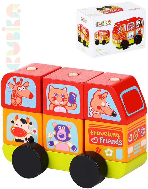 Cubika DŘEVO Baby Minibus šťastná zvířátka navlékací stavebnice set 7 dílků