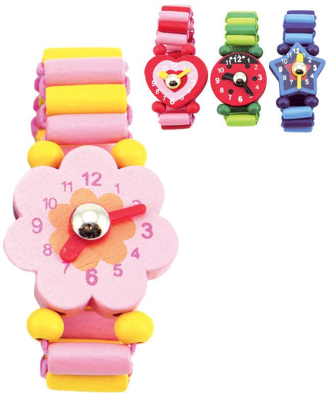 DŘEVO Hodinky barevné veselé náramkové 7cm 4 druhy (dřevěná hračka)