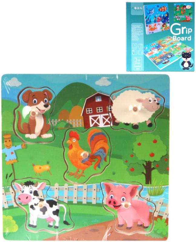 DŘEVO PUZZLE Vkládací různé druhy na desce 5 dílků s úchyty
