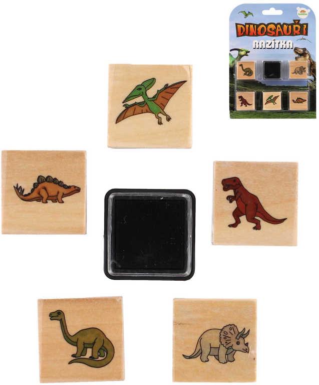 DŘEVO Razítka 3cm dřevěná 5+1 s poduškou Dinosauři na kartě