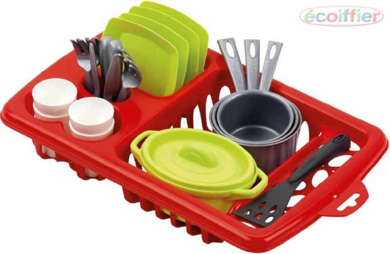 Ecoiffier Dětská sada nádobí set kuchyňský s odkapávačem a doplňky 34cm PLAST