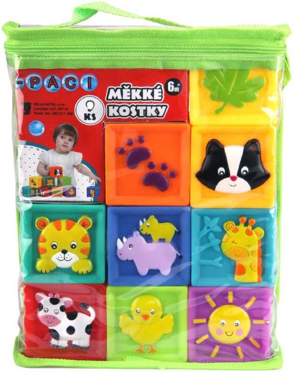 Kostky měkké baby pískací Paci-Paci sada 9ks v igelitové tašce na zip zvířátka