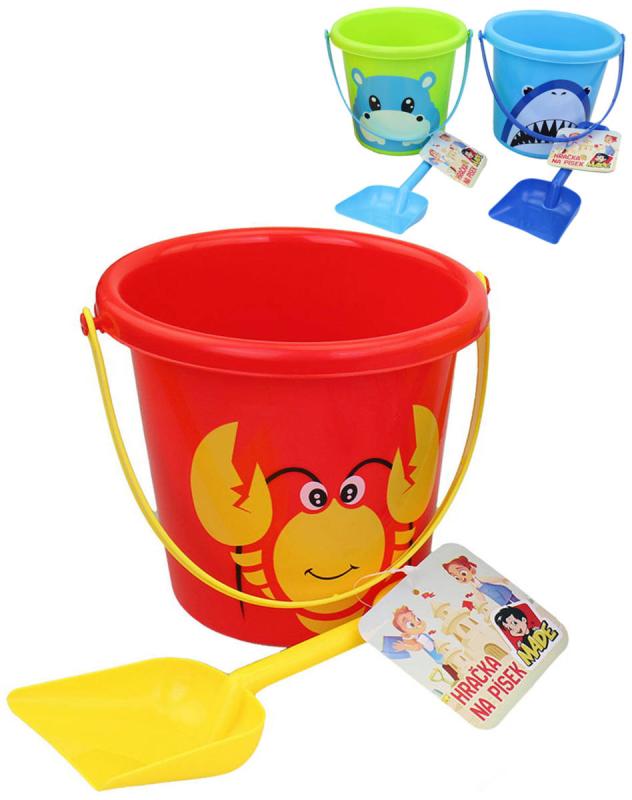 Pískový set kbelík barevný se zvířátkem s lopatkou sada na písek 3 druhy