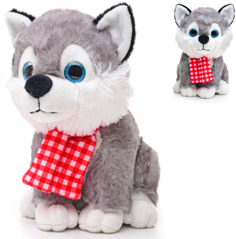PLYŠ Pes husky 22cm sedící se šálou na baterie Zvuk (plyšová hračka)
