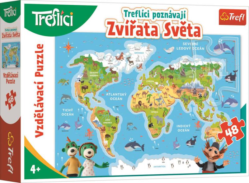 TREFL PUZZLE Treflíci poznávají Zvířata světa 60x40cm skládačka 48 dílků