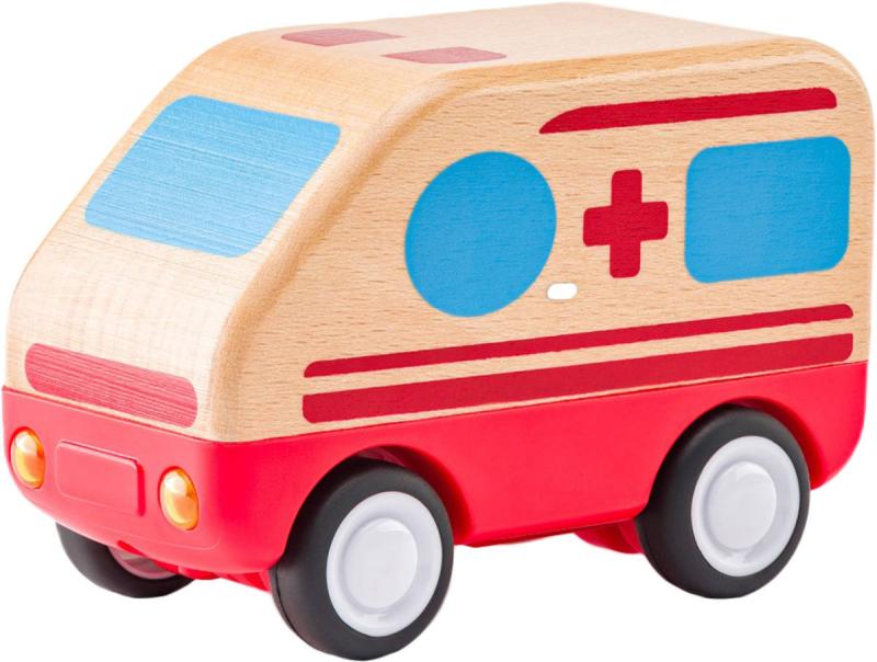 Woody DŘEVO Auto baby sanitka na setrvačník na baterie Světlo Zvuk