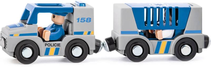 Woody DŘEVO Auto Policie CZ set s vagonkem a 2 figurkami doplněk k vláčkodráze