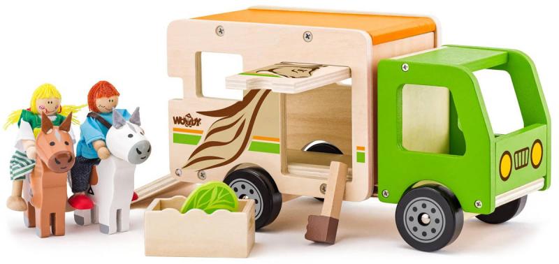 Woody DŘEVO Auto přeprava koní funkční set se 2 koníky a figurkami