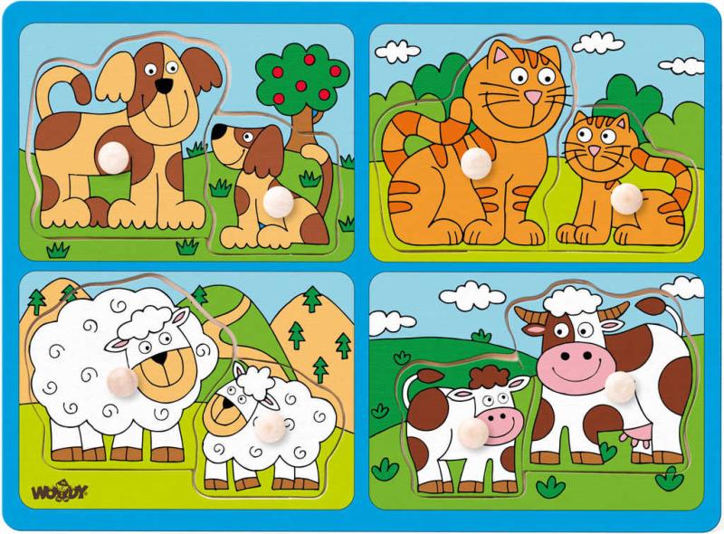Woody DŘEVO Baby puzzle mláďata s úchyty 4x2 dílky na desce pro miminko
