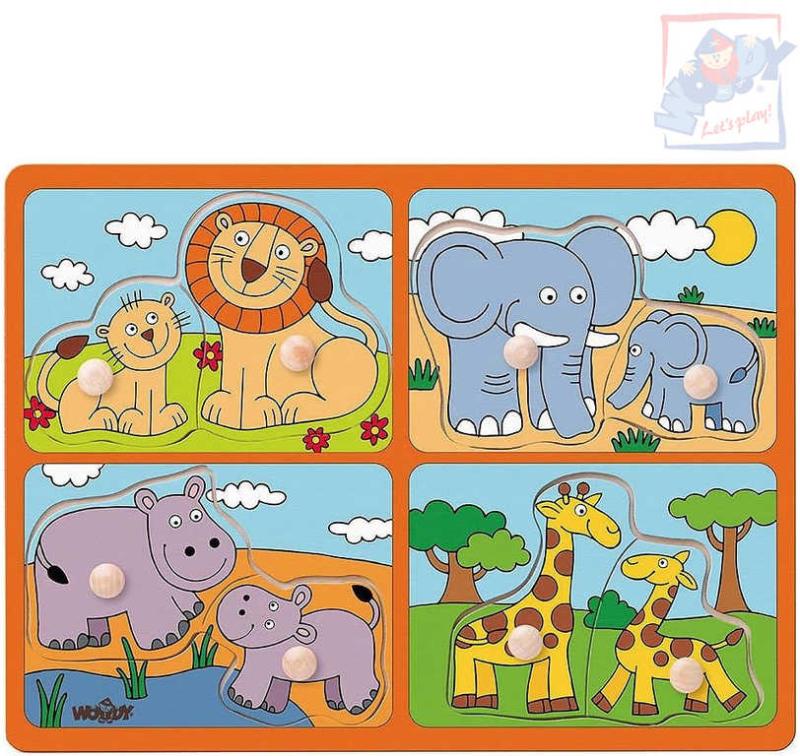 Woody DŘEVO Baby puzzle s úchyty mláďata 4x2 dílky na desce pro miminko