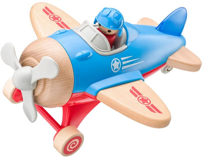 Woody DŘEVO Letadlo baby s pilotem na baterie Světlo Zvuk