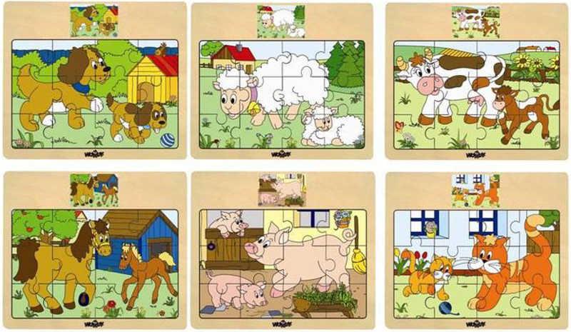 Woody DŘEVO Puzzle na desce Zvířátka domácí s mláďátky 6 druhů