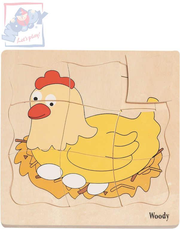 Woody DŘEVO Puzzle naučné vývoj slepice 4 vrstvy 4 obrázky 4v1 na desce