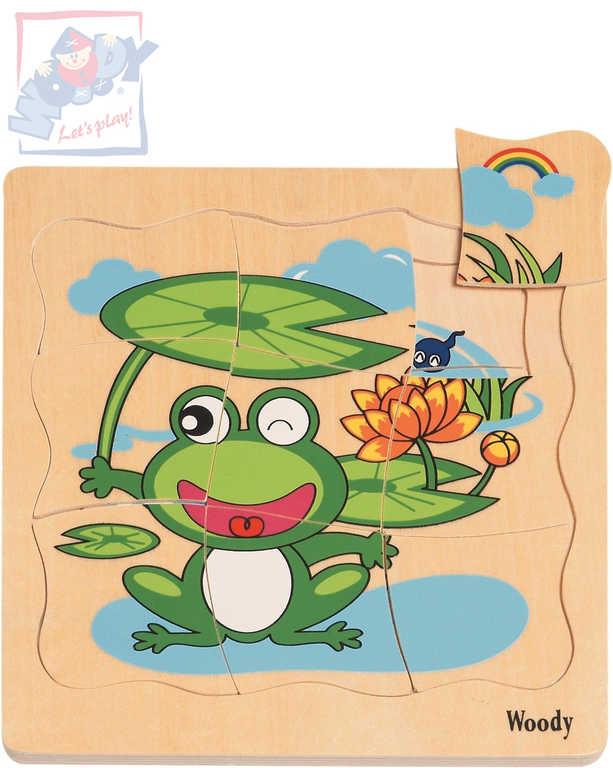 Woody DŘEVO Puzzle naučné vývoj žáby 4 vrstvy 4 obrázky 4v1 na desce