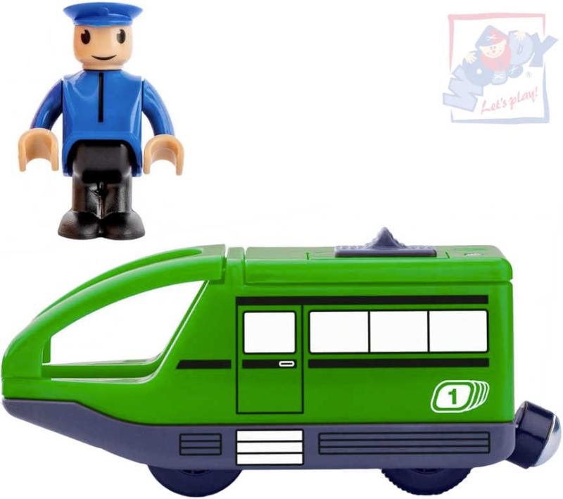 Woody Mašinka elektrická zelená na baterie set s panáčkem doplněk k vláčkodráze